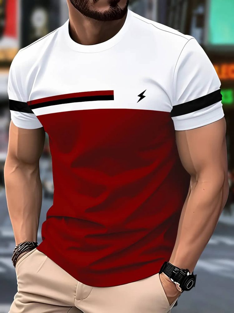 Men Red & Black Gradient T-Shirt with Lightning Bolt Print - Breathable Round Neck Casual Tee