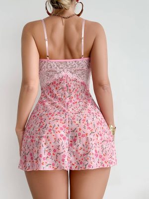 Women Babydoll Nightdress Pink Alluring Floral Lingerie Set