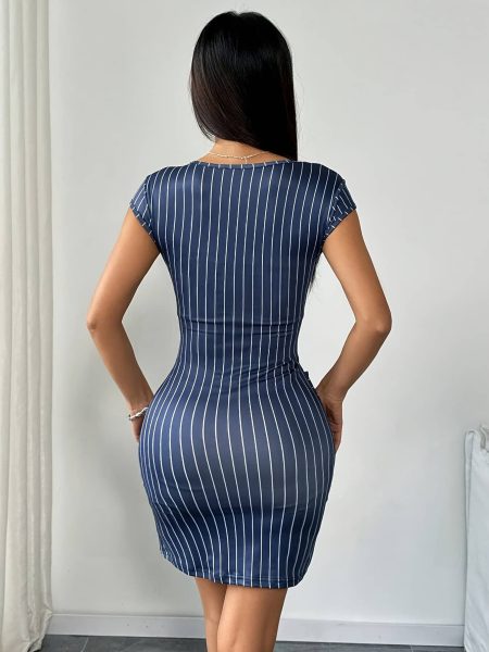 Women Navy Blue & White Mini Dress with Belt Pinstripe