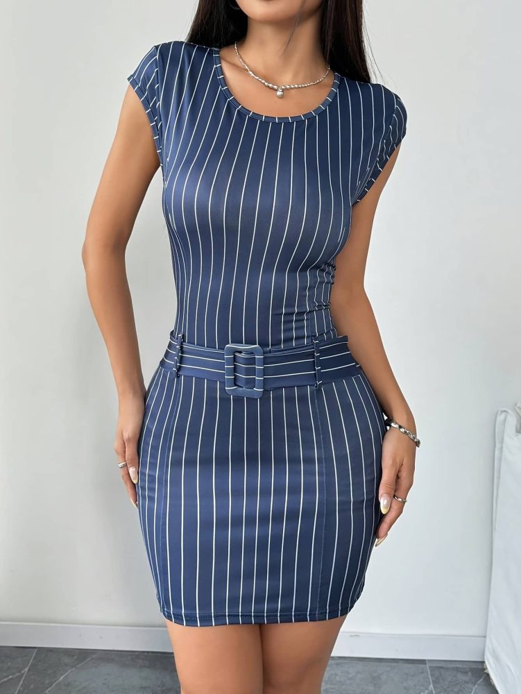 Women Navy Blue & White Mini Dress with Belt Pinstripe
