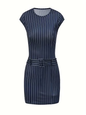 Women Navy Blue & White Mini Dress with Belt Pinstripe