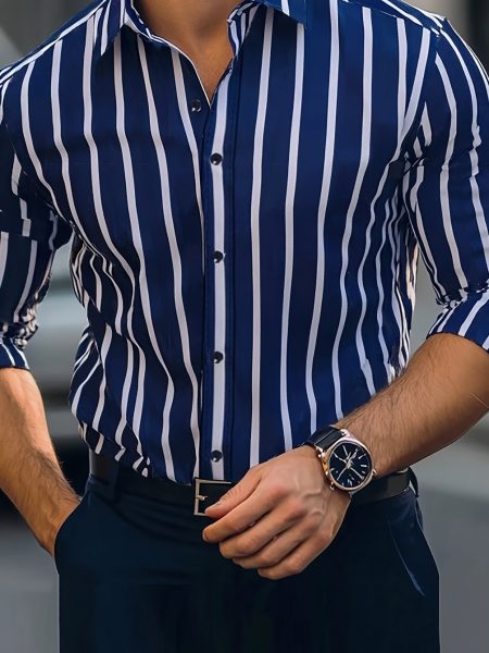 Men Casual Business Shirt Outdoor Comfortable Button-Up Striped - Blue, S