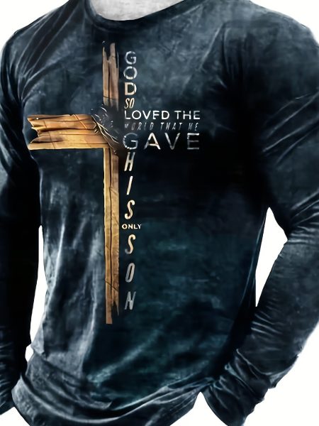 Classic Cross Men T-shirt Letter Print Creative Long Sleeve - Dark Grey, M