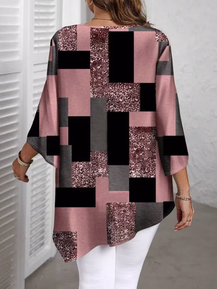 Checkered Print Curve Blouse Short Sleeve Round Neck Casual