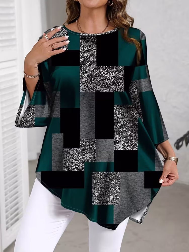 Checkered Print Curve Blouse Short Sleeve Round Neck Casual