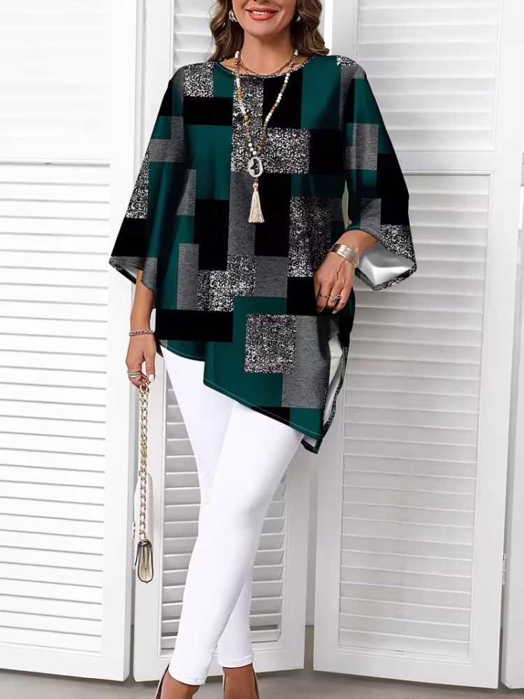 Checkered Print Curve Blouse Short Sleeve Round Neck Casual
