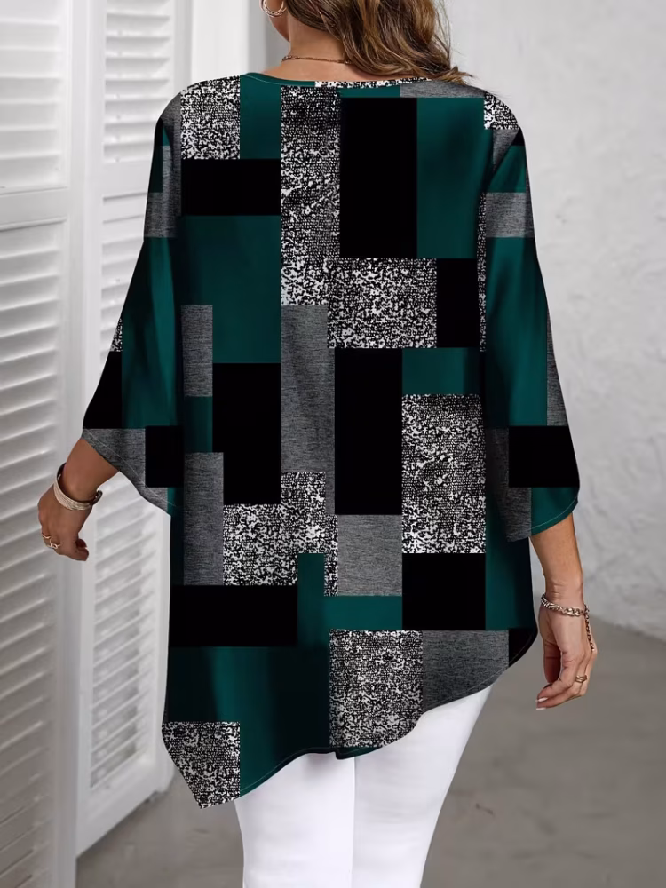 Checkered Print Curve Blouse Short Sleeve Round Neck Casual