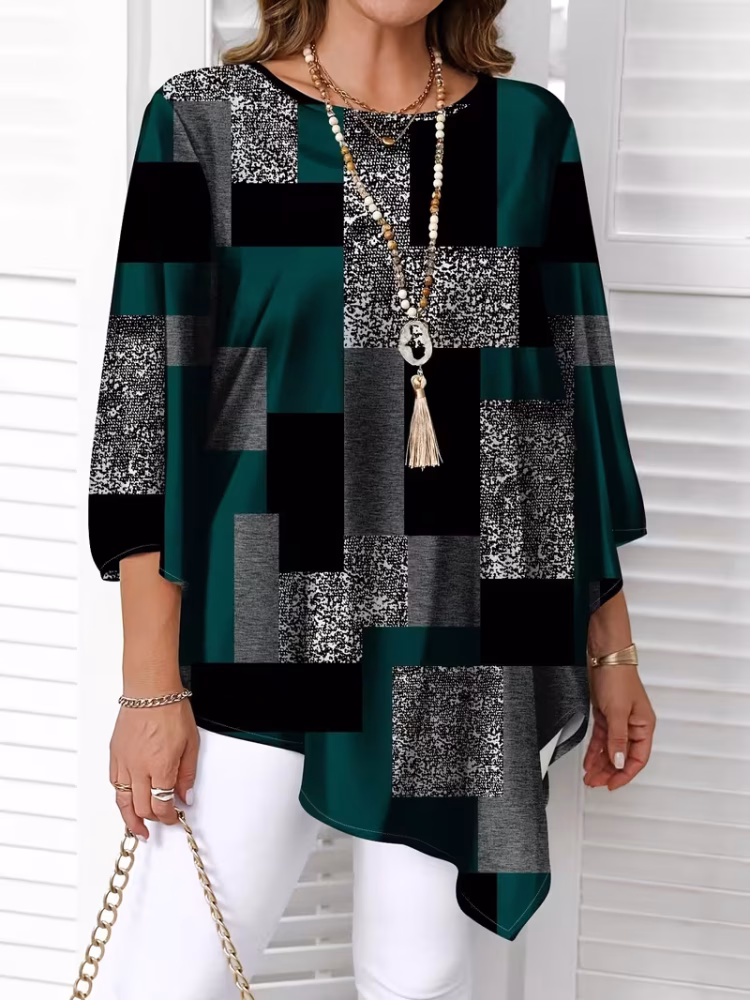 Checkered Print Curve Blouse Short Sleeve Round Neck Casual