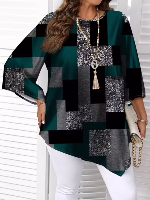 Checkered Print Curve Blouse Short Sleeve Round Neck Casual