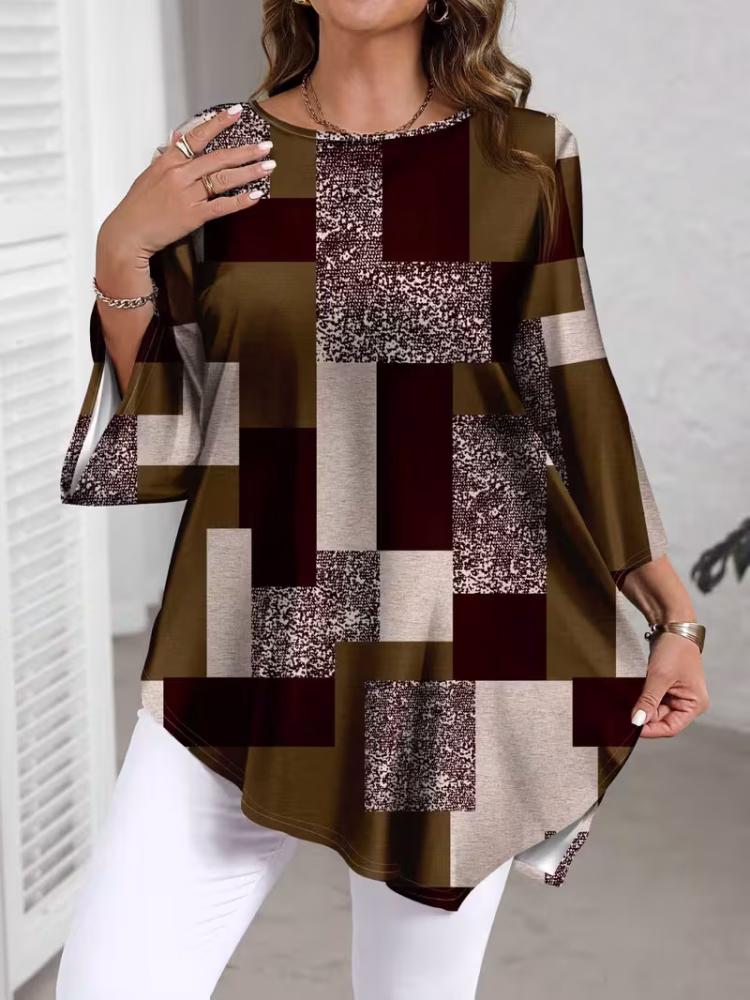 Checkered Print Curve Blouse Short Sleeve Round Neck Casual
