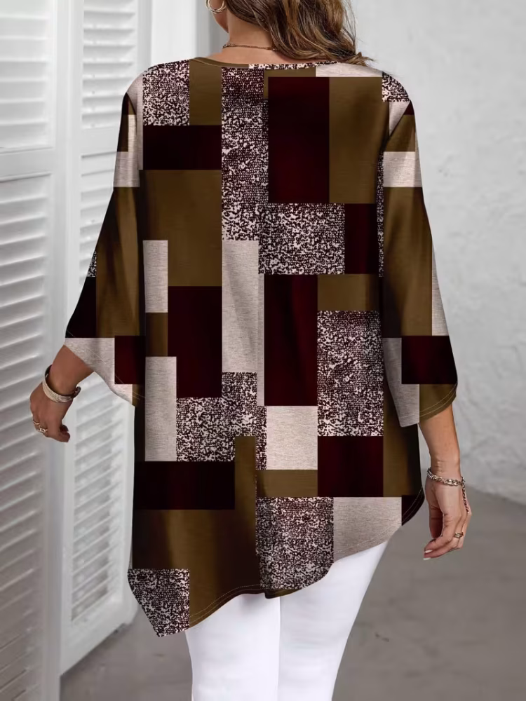 Checkered Print Curve Blouse Short Sleeve Round Neck Casual
