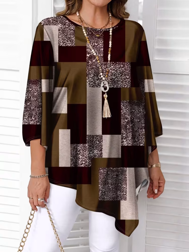 Checkered Print Curve Blouse Short Sleeve Round Neck Casual