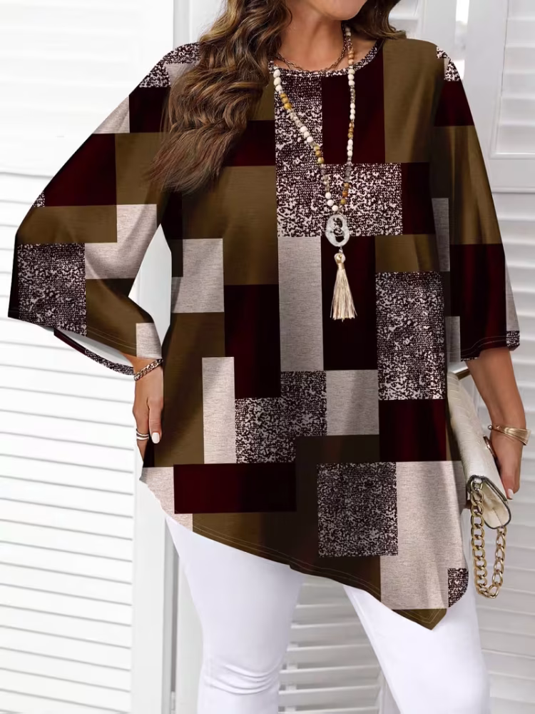 Checkered Print Curve Blouse Short Sleeve Round Neck Casual