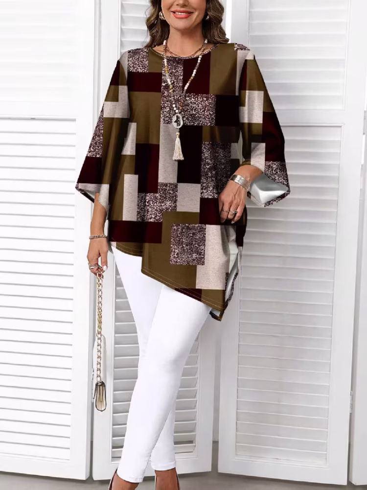 Checkered Print Curve Blouse Short Sleeve Round Neck Casual