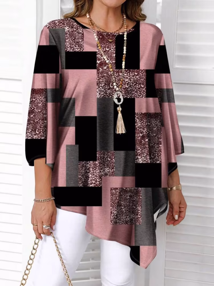 Checkered Print Curve Blouse Short Sleeve Round Neck Casual