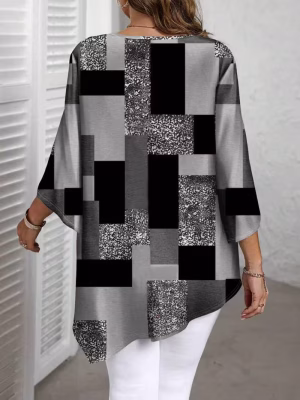 Checkered Print Curve Blouse Short Sleeve Round Neck Casual