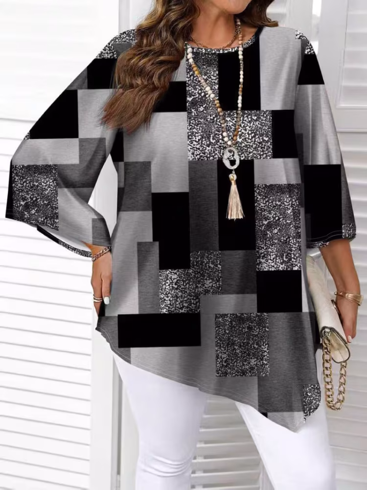 Checkered Print Curve Blouse Short Sleeve Round Neck Casual