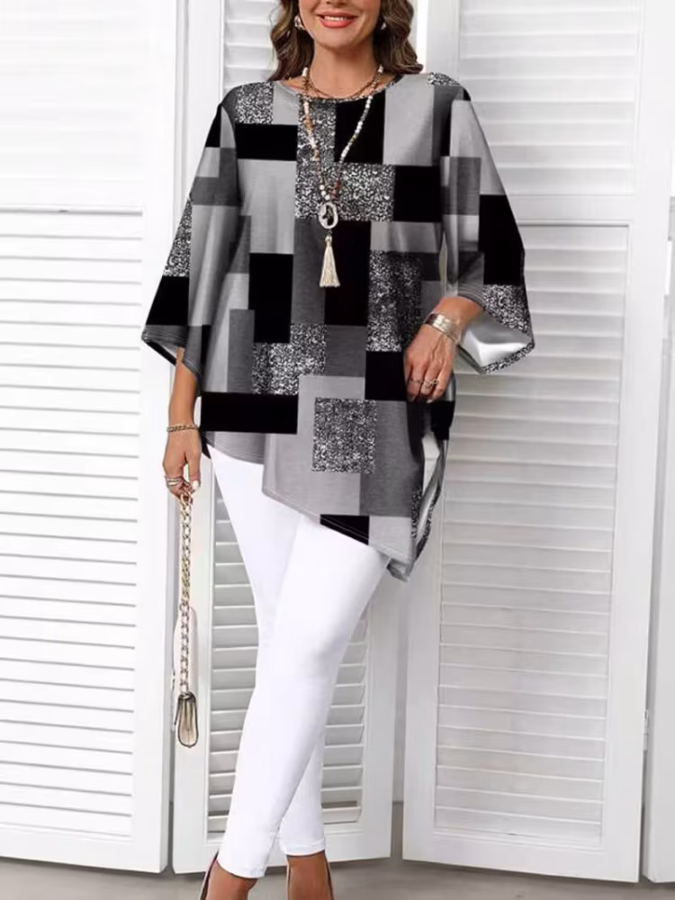 Checkered Print Curve Blouse Short Sleeve Round Neck Casual