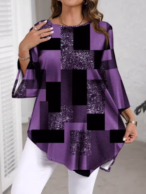 Checkered Print Curve Blouse Short Sleeve Round Neck Casual