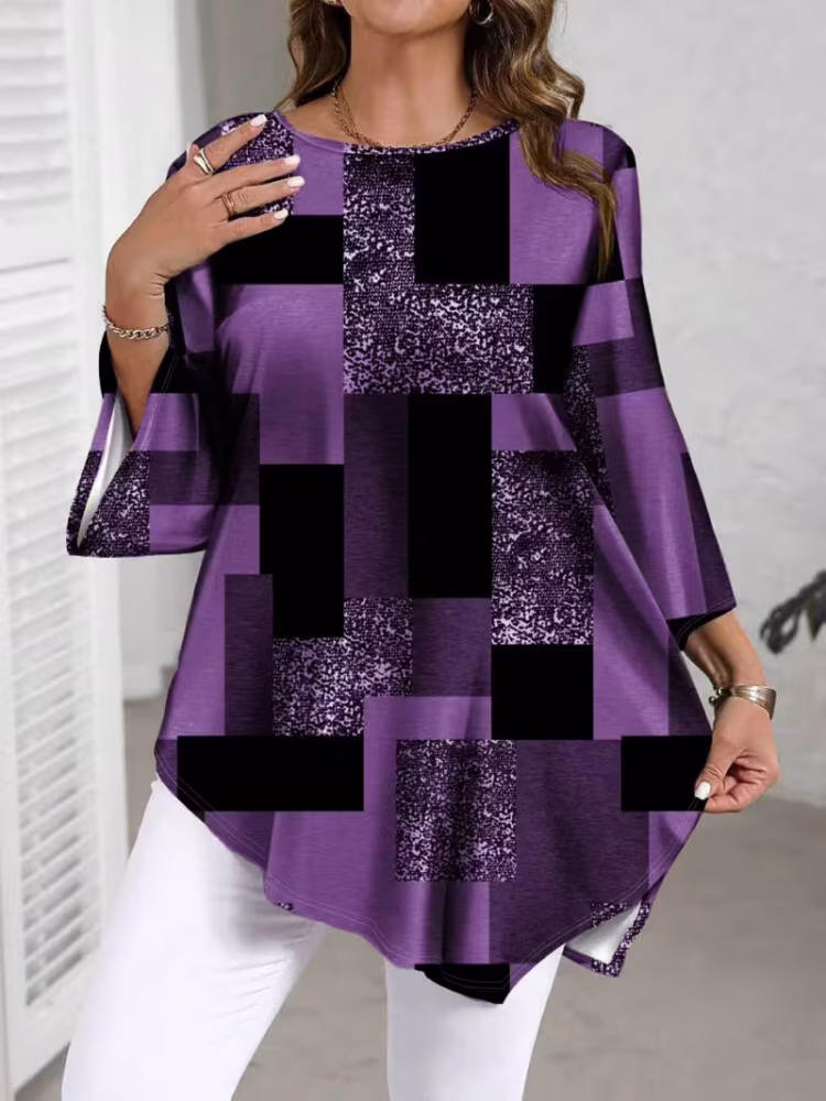 Checkered Print Curve Blouse Short Sleeve Round Neck Casual