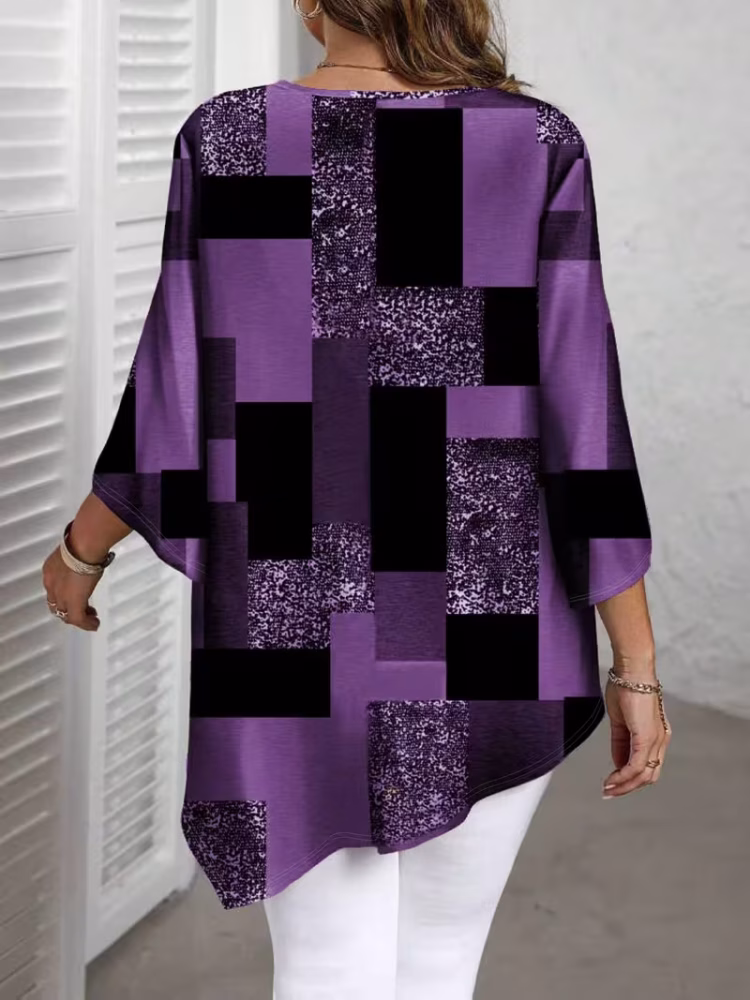 Checkered Print Curve Blouse Short Sleeve Round Neck Casual
