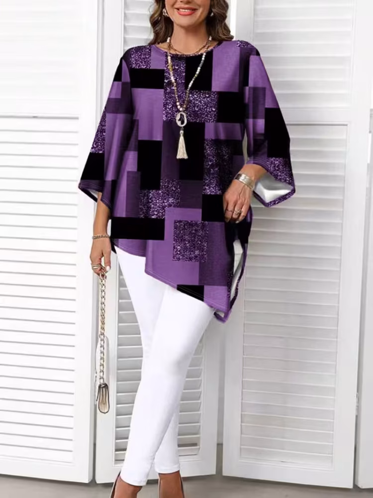 Checkered Print Curve Blouse Short Sleeve Round Neck Casual