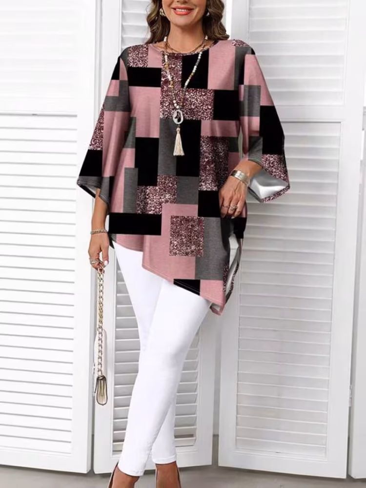 Checkered Print Curve Blouse Short Sleeve Round Neck Casual