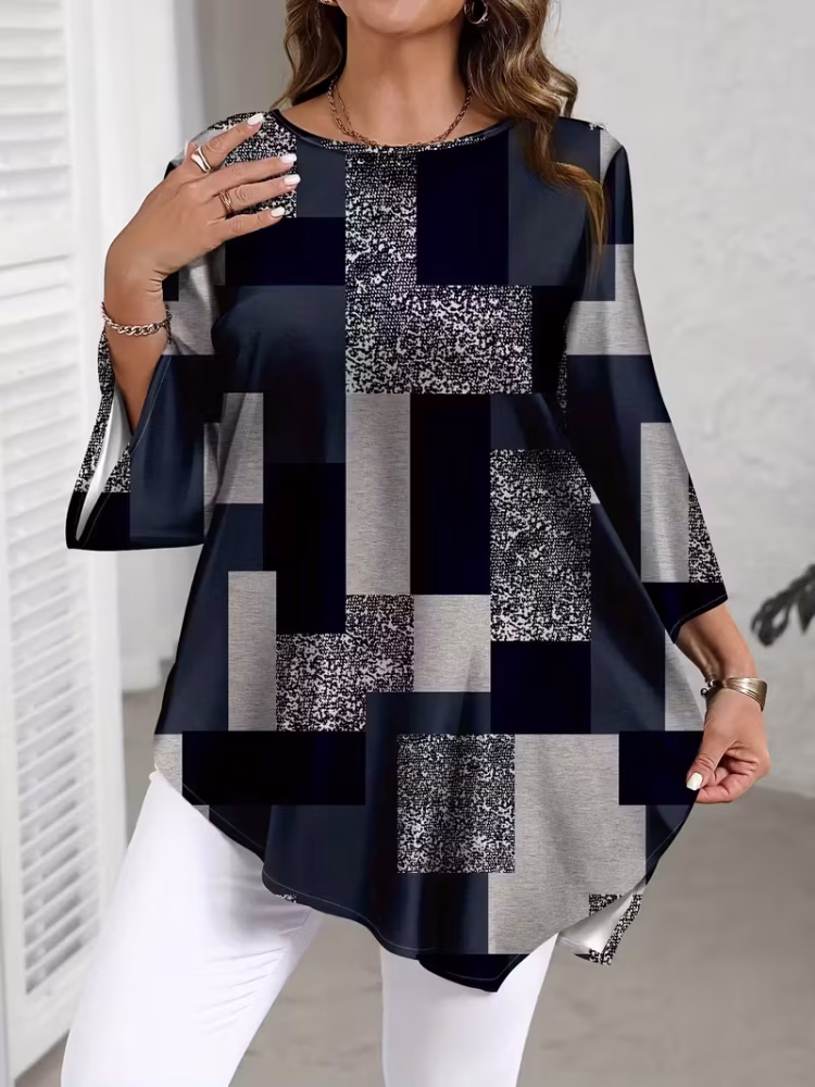 Checkered Print Curve Blouse Short Sleeve Round Neck Casual
