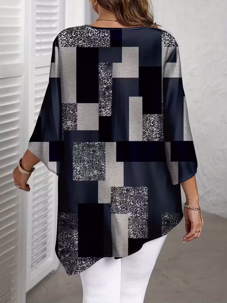 Checkered Print Curve Blouse Short Sleeve Round Neck Casual