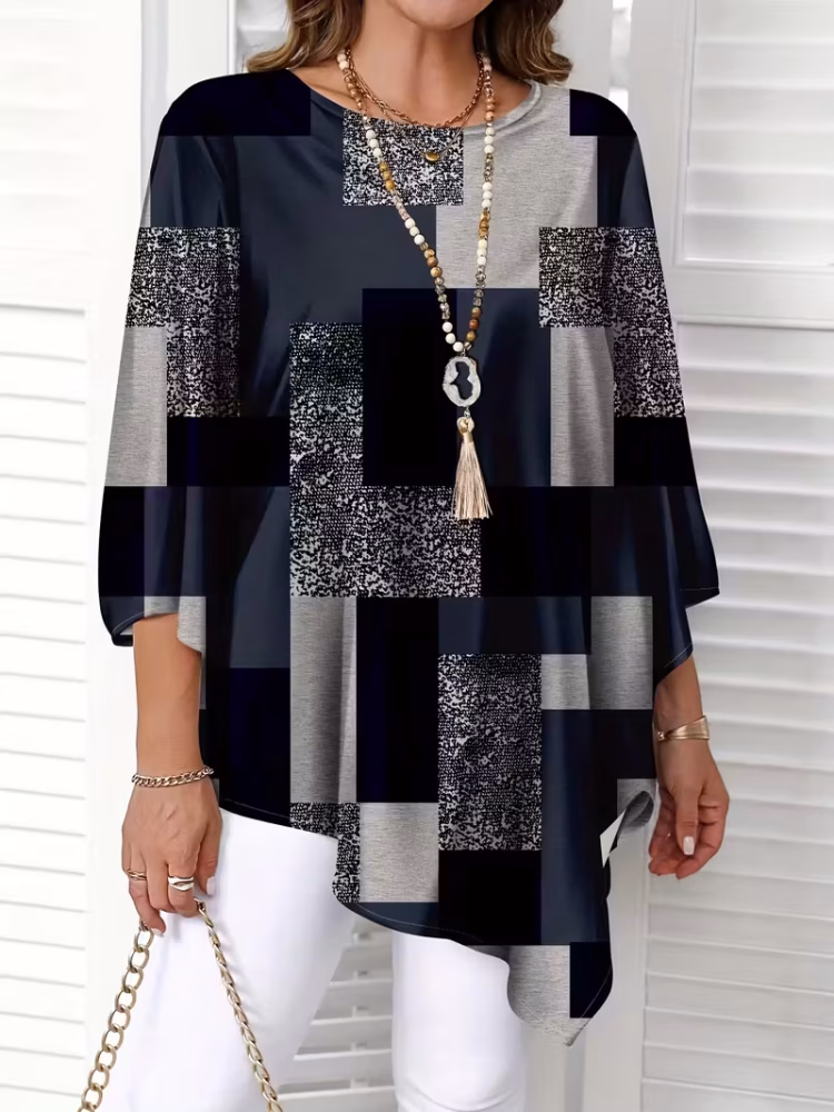Checkered Print Curve Blouse Short Sleeve Round Neck Casual