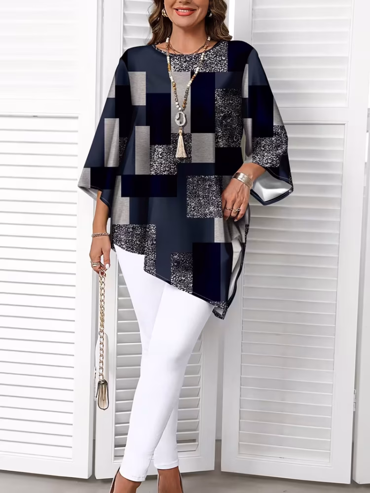 Checkered Print Curve Blouse Short Sleeve Round Neck Casual