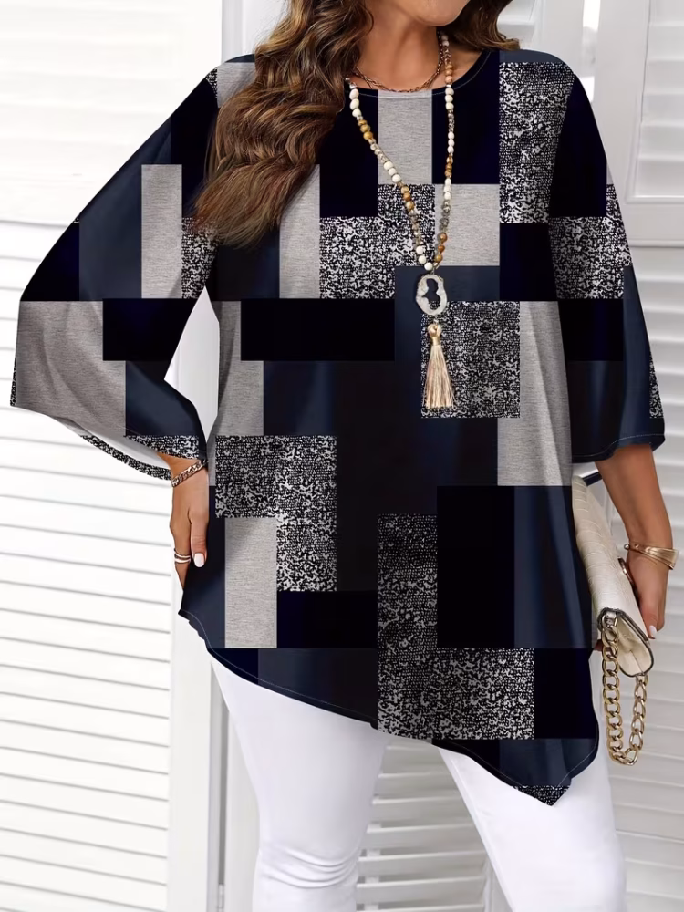 Checkered Print Curve Blouse Short Sleeve Round Neck Casual