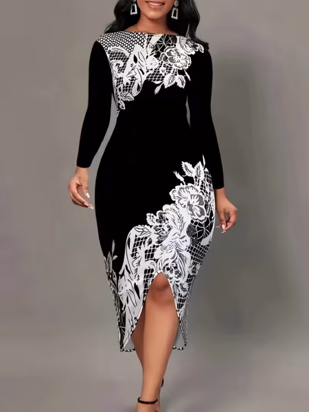 Directional Funds Bodycon Midi Dress Women Round Neck