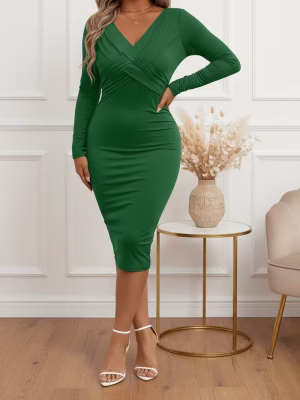 Emerald Green Slim Midi Dress Long Sleeve Cross Front