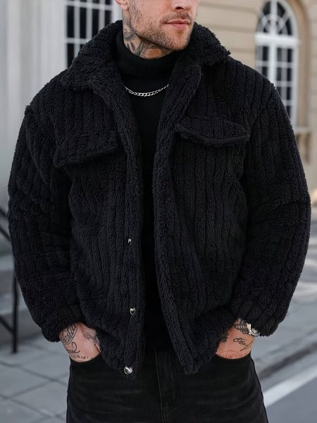 Men Winter Plush Jacket with Luxurious Collar & Soft – Black, S