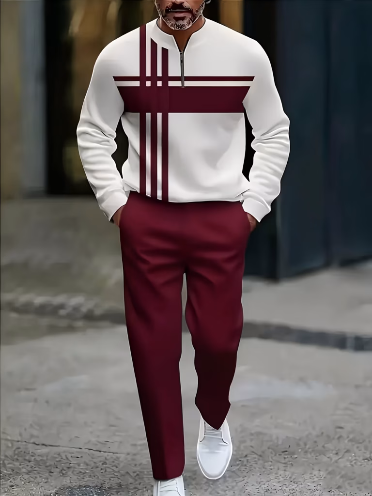 Casual Sports 2/Pcs Set Suit 2025 Autumn New Minimalist Rose Red Striped Splicing Pattern Men’S, Featuring a Stylish Half-Zip Long Sleeve T-Shirt and Comfortable Long Pants, Suitable for Daily Wear, Sports, And Walking.