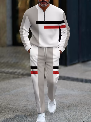 High-End Casual Pants Outfit Grey Geometric Patterned for Men, Featuring Long Sleeves and Long Pants, Perfect for Everyday Streetwear.