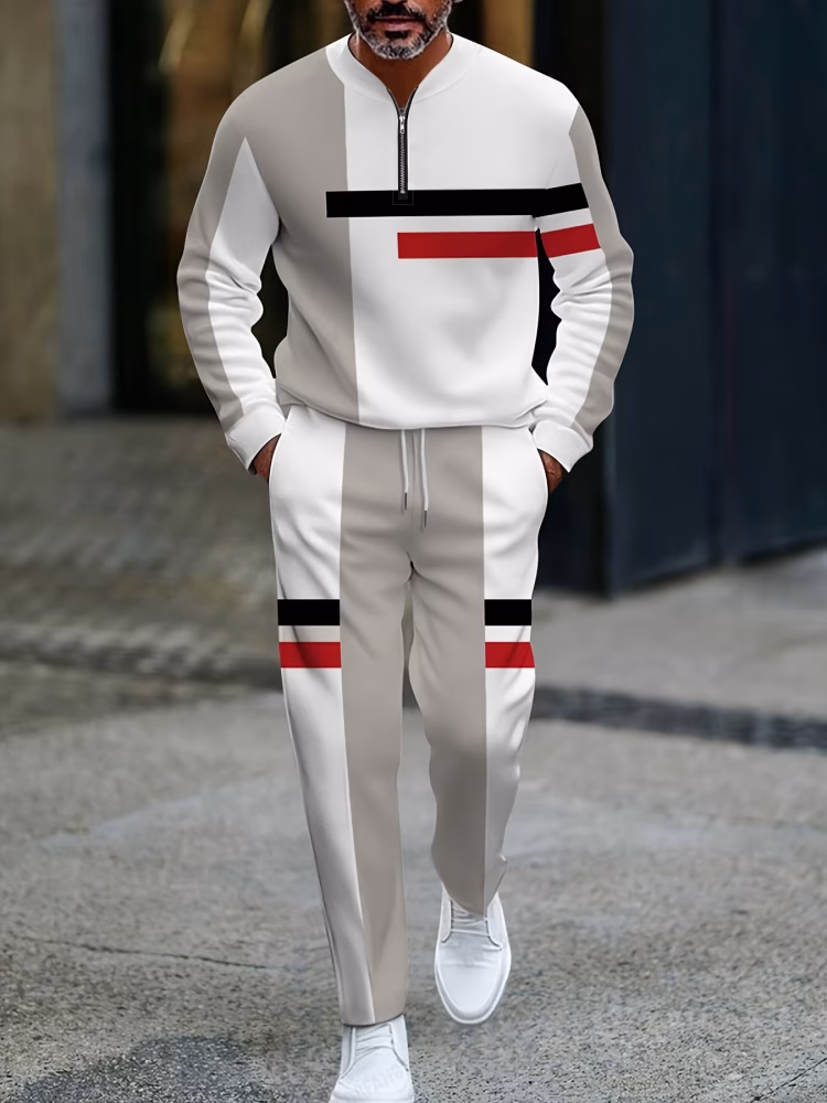 High-End Casual Pants Outfit Grey Geometric Patterned for Men, Featuring Long Sleeves and Long Pants, Perfect for Everyday Streetwear.