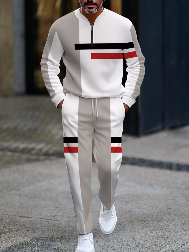 High-End Casual Pants Outfit Grey Geometric Patterned for Men, Featuring Long Sleeves and Long Pants, Perfect for Everyday Streetwear.