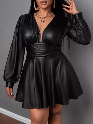 V-Neck Lantern Mini Dress Sleeve A-Line Skirt Plus Size Women Elegant | Stretchy Fitted Party Dress with Belt, Long Sleeves & Deep Side Pockets for Casual to Formal Events, Versatile Fashion, Sophisticated Style, Smooth Texture