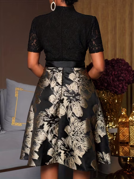 Midi Dress Off‑Shoulder Lace Women Elegant Jacquard