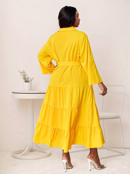 Solid Color Polo Maxi Dress with Belt Plus Size