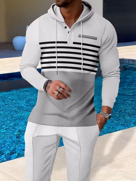 Men Casual Hoodie and Pants Set Outdoor Versatile High Fashion Men’s Hoodie Color blocked Striped Long Sleeve Top Long Pants Two Piece Set for Men