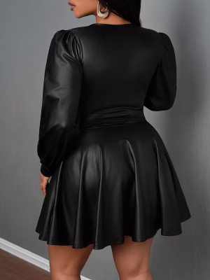 V-Neck Lantern Mini Dress Sleeve A-Line Skirt Plus Size