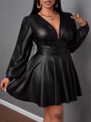 V-Neck Lantern Mini Dress Sleeve A-Line Skirt Plus Size Women Elegant | Stretchy Fitted Party Dress with Belt, Long Sleeves & Deep Side Pockets for Casual to Formal Events, Versatile Fashion, Sophisticated Style, Smooth Texture