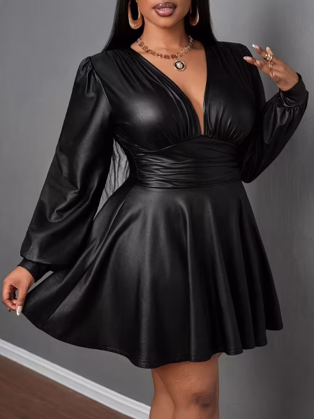 V-Neck Lantern Mini Dress Sleeve A-Line Skirt Plus Size Women Elegant | Stretchy Fitted Party Dress with Belt, Long Sleeves & Deep Side Pockets for Casual to Formal Events, Versatile Fashion, Sophisticated Style, Smooth Texture