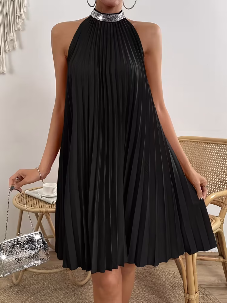 Sequin Halter Neck Pleated Mini Dress Hot Selling Black Elegant