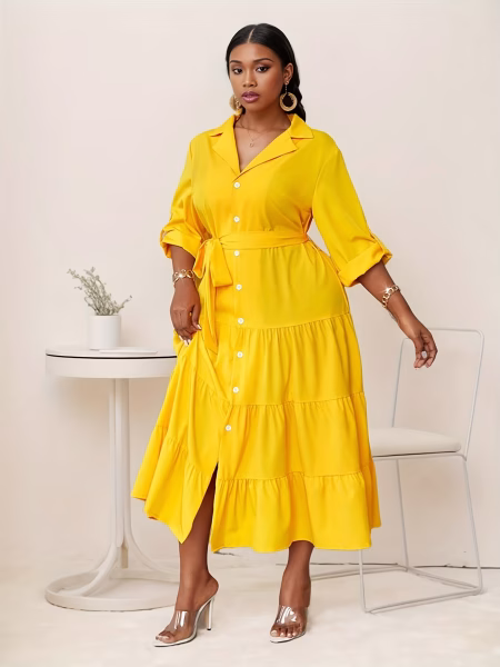 Solid Color Polo Maxi Dress with Belt Plus Size Elegant Plus Size Women V-neck, Long Sleeve, Fit and Flare Silhouette, Non-Stretch Fabric, Belted Waist, Suitable for Spring/Fall