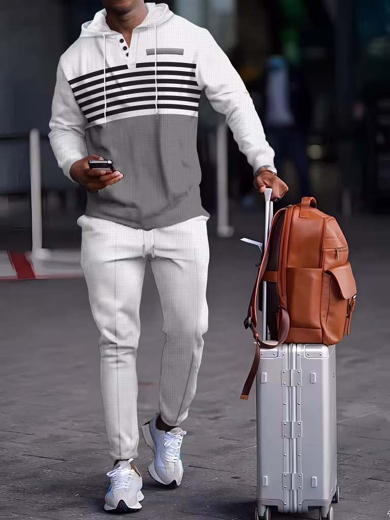 Men Casual Hoodie and Pants Set Outdoor Versatile High Fashion Men’s Hoodie Color blocked Striped Long Sleeve Top Long Pants Two Piece Set for Men – White, 3XL