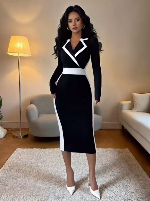Collar Long Sleeve Bodycon Midi Dress Women Elegant